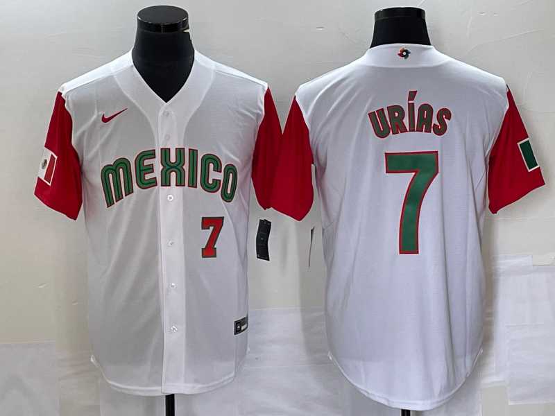 Men's Mexico Baseball #7 Julio Urias Number 2023 White Red World Classic Stitched Jersey 51